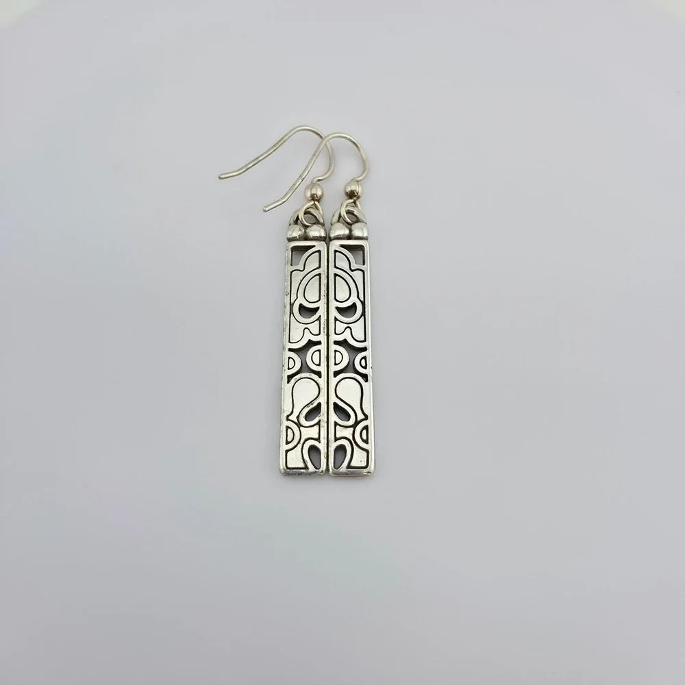 BRIGHTON 'Spring Hill' Earrings Black Cream Enamel Etched Drop Silver Plate 2